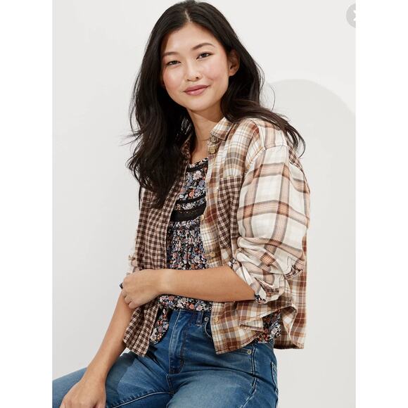 American Eagle Cozy Cabin Cropped Flannel Gorpcore Utility Lumberjack M Cotton - Picture 1 of 5